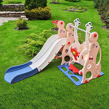 Гірка з гойдалкою Bambi WM19020-8 та баскетбольним кільцем | Гірка з гойдалкою музика та світло Розово-синя