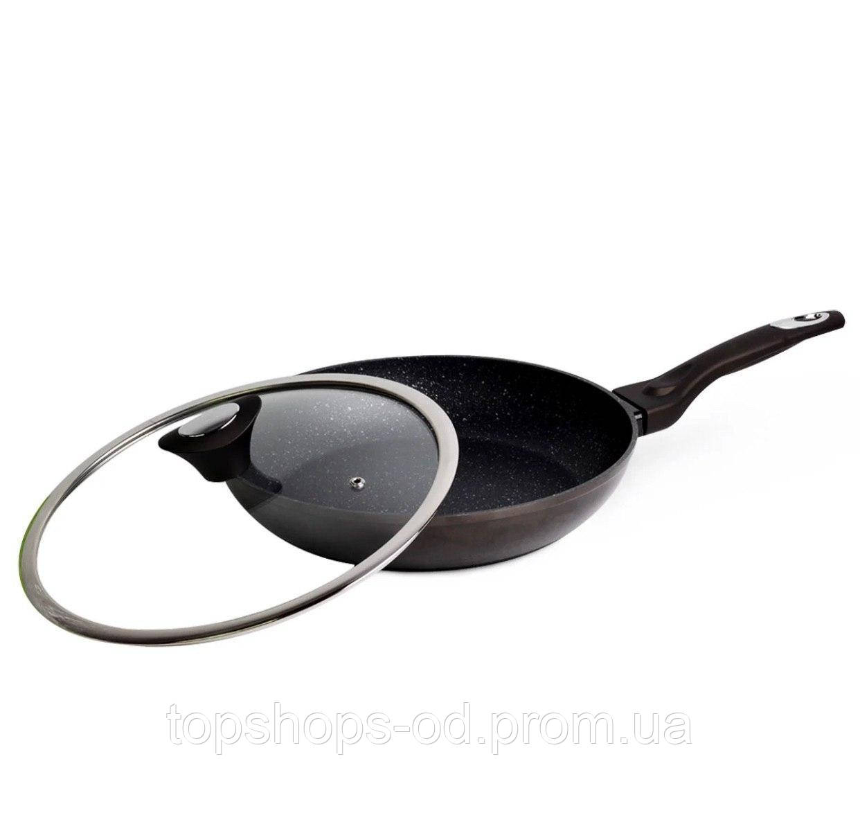 Сковорода Kamille Ø28см з антипригарним покриттям Black marble з алюмінію з кришкою для індукції