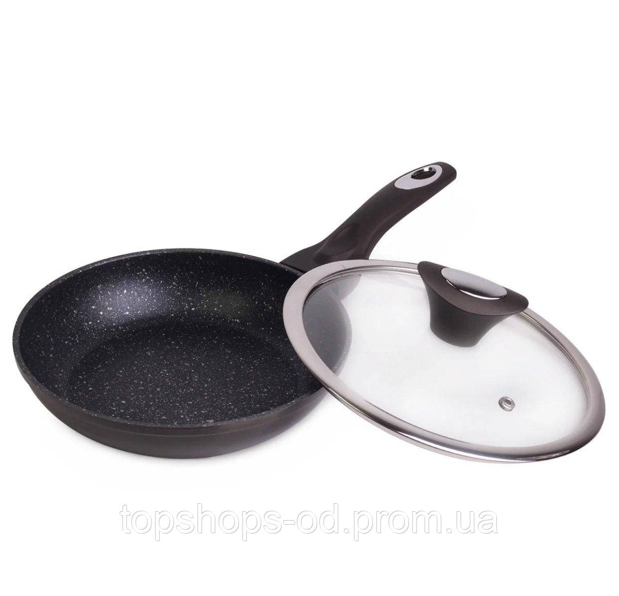 Сковорода з кришкою Kamille 24 см см,26 см,28 см, 30 см з антипригарним покриттям Black marble 4101