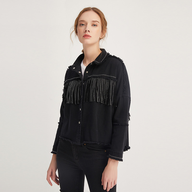 Рубашка женская джинсовая с бахромой. Стильная куртка, размер S (черная) - фото 2 - id-p1189858965