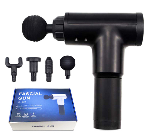 Портативний м'язовий масажер акумуляторний 6 швидкостей 4 насадки Fascial Gun KH-320 чорний