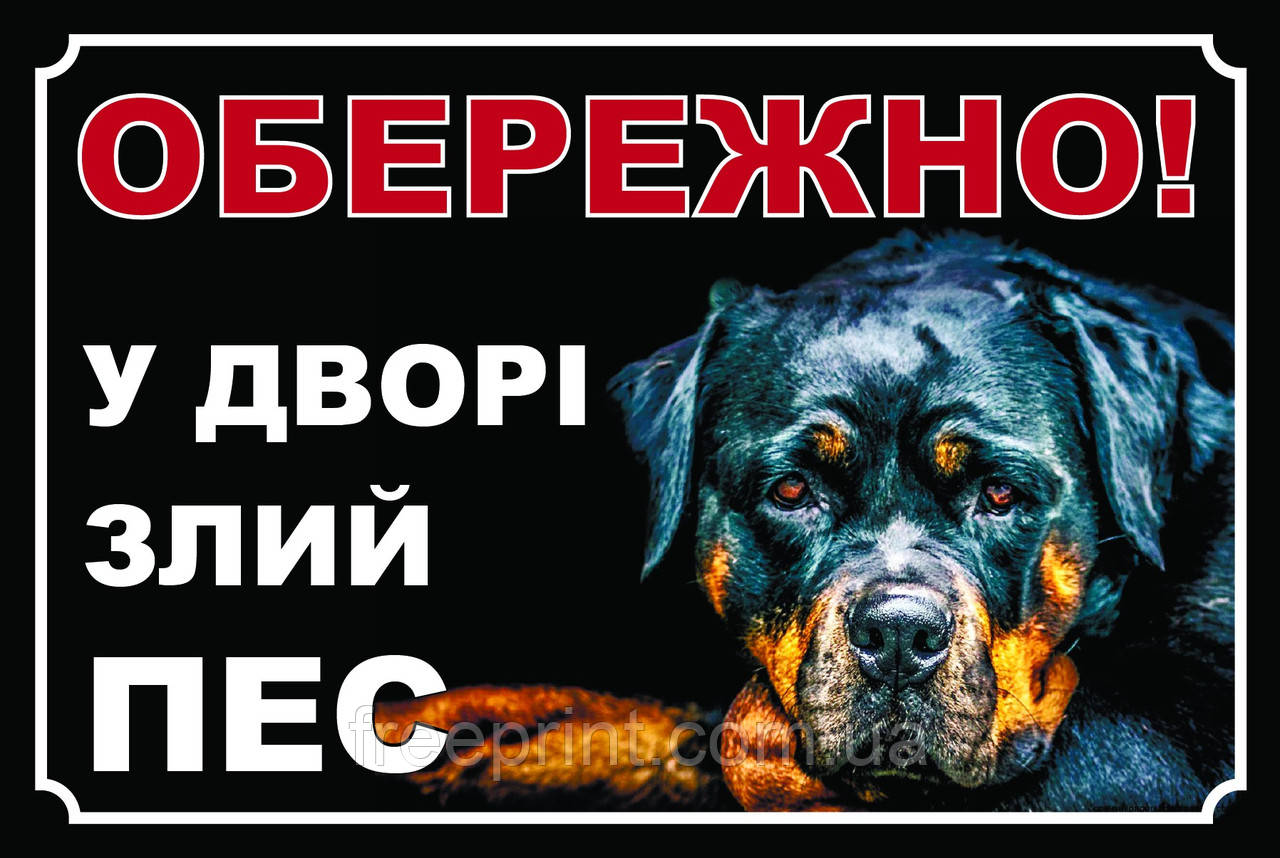 Табличка собака, обережно собака, табличка з ротвелером. Друк за передоплатою, фото 1