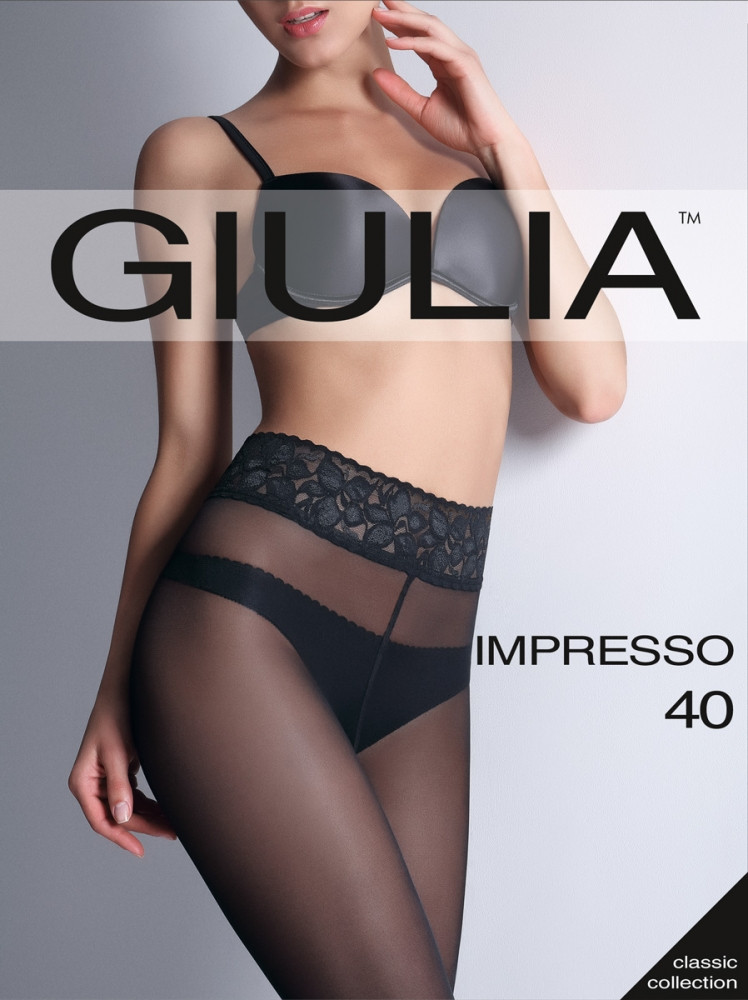 Колготки 40 ден матові з мереживним поясом на силіконі Giulia Impresso 40 чорні бежеві розміри 2 3 4