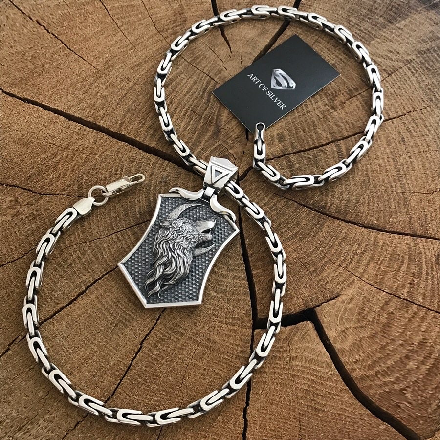 Срібний ланцюжок Харківський Біт із підвіскою Вовк — Друк Велеса, фото 1