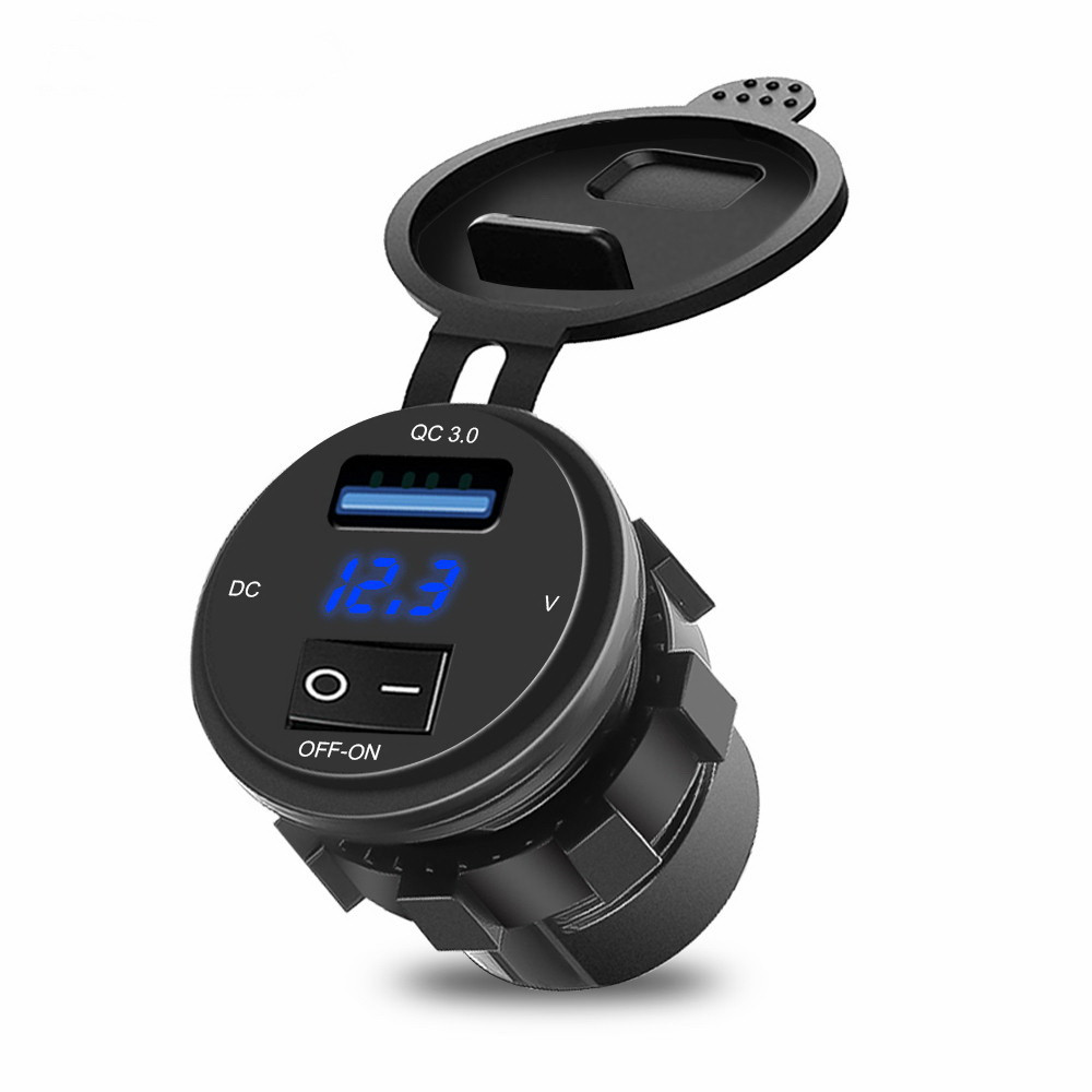 Автомобільний зарядний пристрій USB, врізний модуль з вольтметром, швидка зарядка QC 3,0; синій