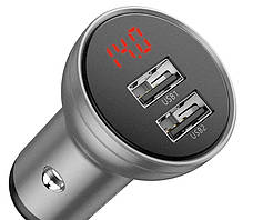 Адаптер автомобільний BASEUS Digital Display Dual USB 2USB, 4.8 A, 24W, сріблястий