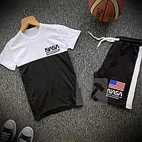 Літній спортивний костюм з лампасами Nasa чорно-білого кольору (Шорти й футболка Наса) чоловічі розміри: 44-54