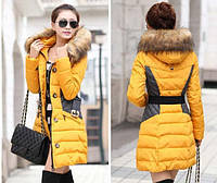 Зимний пуховик с контрастными вставками, женская куртка зима, жіноча куртка желтый, M