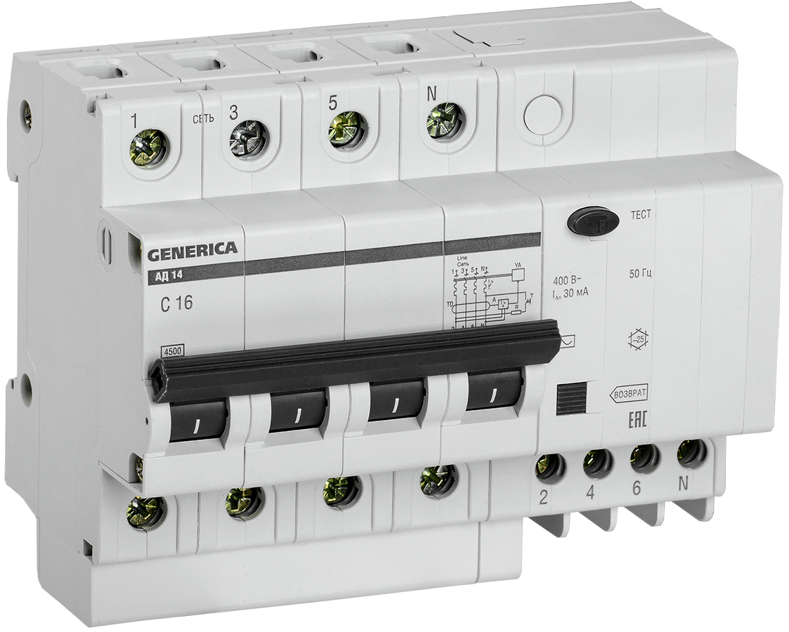 Диференціальний автоматичний вимикач АД14 4Р 16А 30 мА GENERICA
