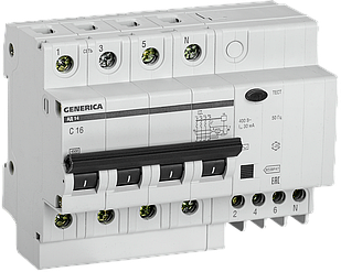 Диференціальний автоматичний вимикач АД14 4Р 16А 30 мА GENERICA