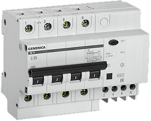 Диференціальний автоматичний вимикач АД14 4Р 25А 30 мА GENERICA