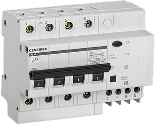 Диференціальний автоматичний вимикач АД14 4Р 32А 30 мА GENERICA