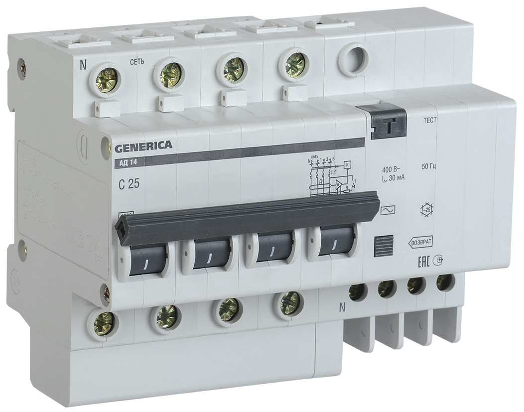 Диференціальний автоматичний вимикач АД14 4Р 50А 30 мА GENERICA, фото 1