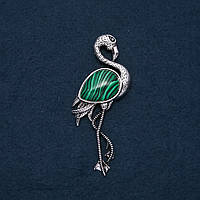 Брошка кулон Фламінго з натуральним каменем Малахіт 85х30мм купити біжутерію оптом в інтернеті