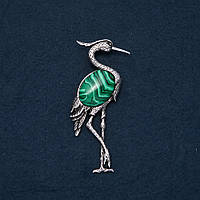 Брошка кулон Чапля з натуральним каменем Малахіт 80х30мм купити біжутерію оптом в інтернеті