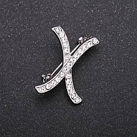 Брошка ініціал буква "Х" білі стрази колір металу "сірий" 27х21мм купити біжутерію дешево оптом в інтернеті