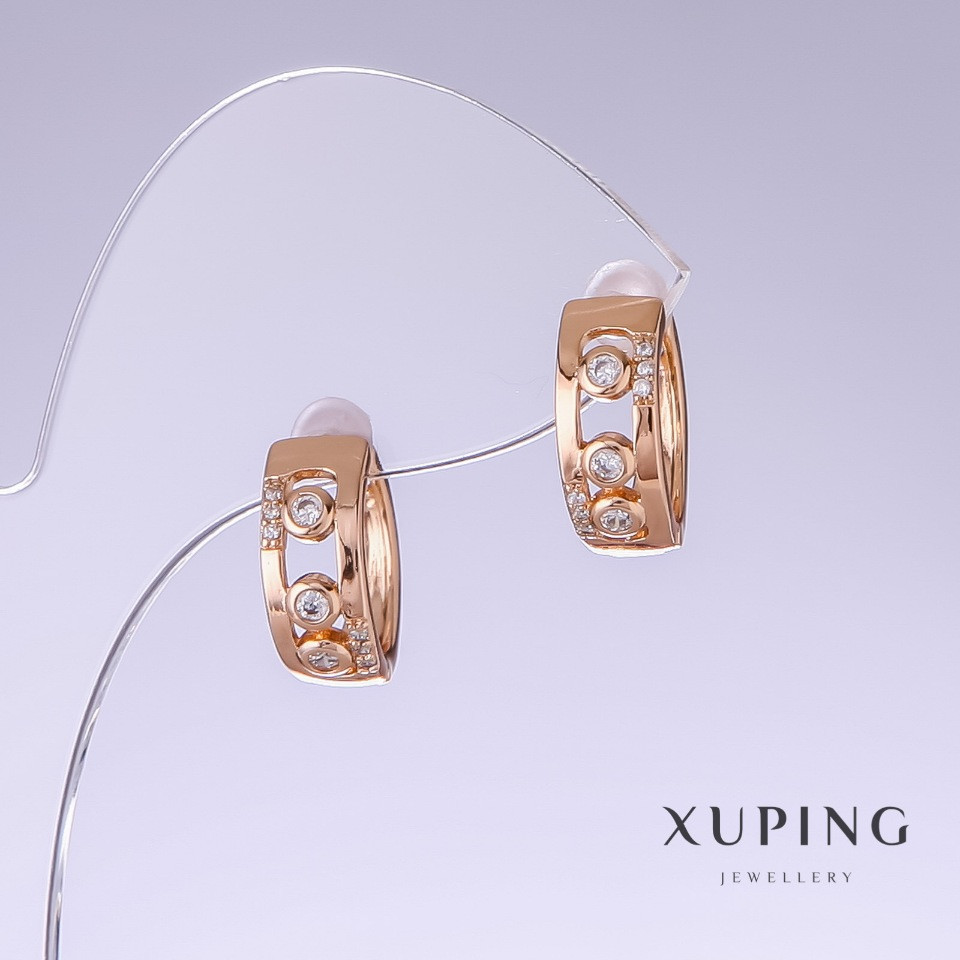 Серьги Xuping с белым цирконом L-15мм s-6мм позолота 18к купити біжутерію дешево оптом в інтернеті