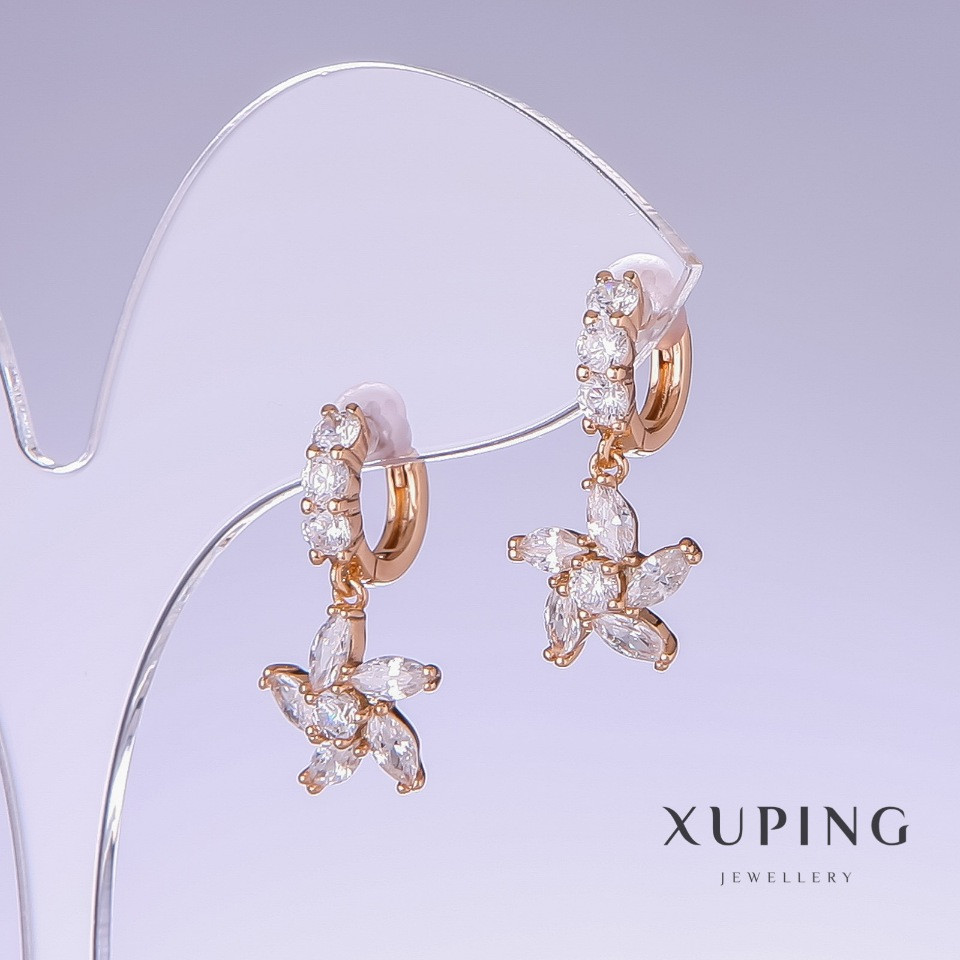 Серьги Xuping с белым цирконом L-23мм s-11мм позолота 18к купити біжутерію дешево оптом в інтернеті