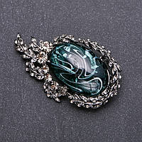 Брошка з сірими стразами і смарагдовим кабошоном 64х38мм сірий метал купити біжутерію дешево оптом в інтернеті
