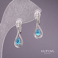 Сережки Xuping з блакитними каменями 25х9мм родій купити біжутерію дешево оптом в інтернеті