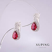 Сережки Xuping з червоними каменями 15х8мм родій купити біжутерію оптом в інтернеті