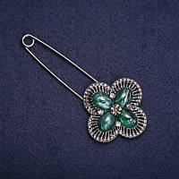 Брошка шпилька з сірими стразами і зеленими вставками 92х42мм сріблястий метал темний купити біжутерію дешево оптом в інтернеті