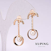 Сережки Xuping з білою намистиною Майорка 30х5мм позолота купити біжутерію дешево оптом в інтернеті