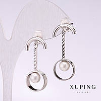 Сережки Xuping з білою намистиною Майорка 30х5мм родій купити біжутерію дешево оптом в інтернеті