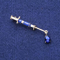 Брошка Шприц синій кристал золотистий метал 10х45мм купити біжутерію дешево оптом в інтернеті