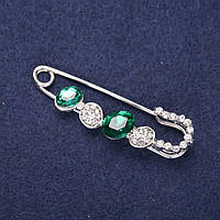 Брошка шпилька міні білі стрази колір каменів зелений 50х15мм сріблястий метал купити біжутерію дешево оптом в інтернеті