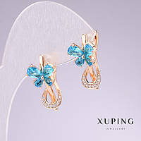 Сережки Xuping позолота 18к з блакитним камінням та білими стразами 20х11мм купити біжутерію оптом в інтернеті