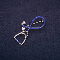 Брошка Стетоскоп 37х20мм емаль стрази колір синій білий метал сріблястий купити біжутерію дешево оптом в інтернеті