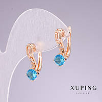 Сережки Xuping позолота 18к з каменем колір блакитний та білими стразами 20х8мм купити біжутерію оптом в інтернеті