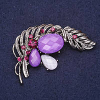 Брошка Перо Жар Птахи стрази колір бузковий сірий 55х38мм сріблястий метал купити біжутерію оптом в інтернеті