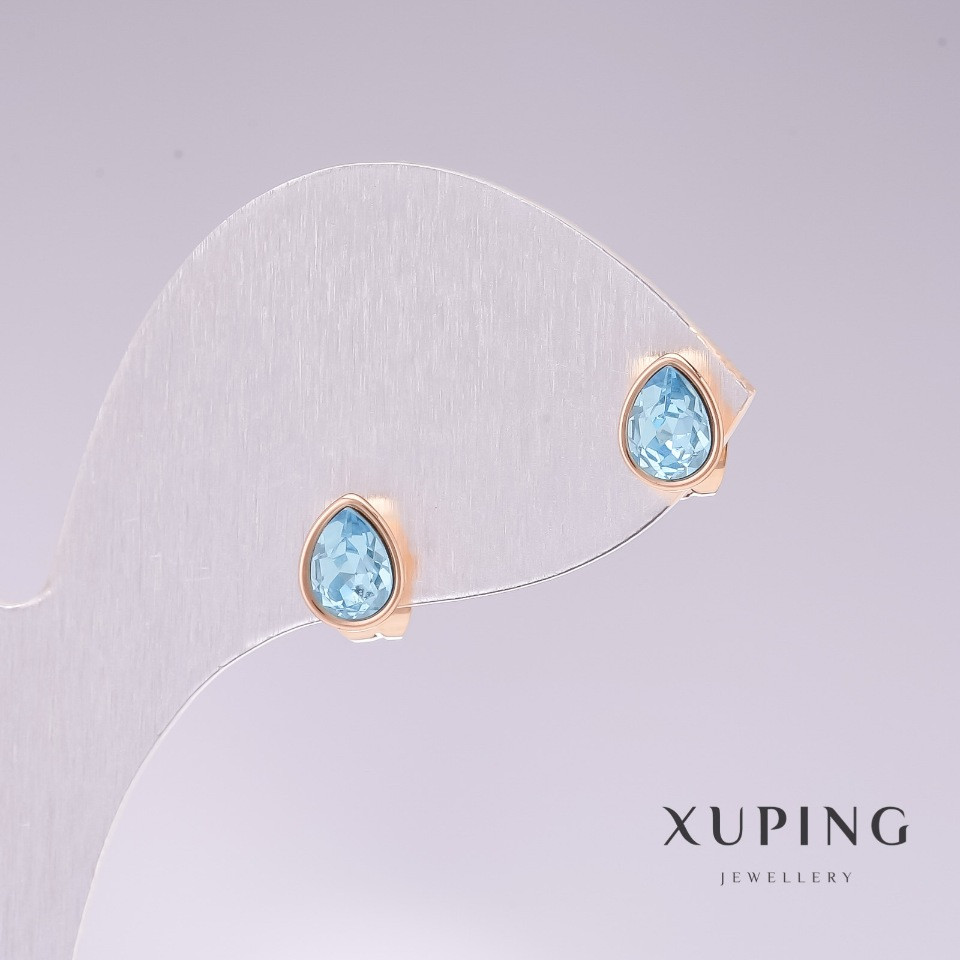 Серьги пусеты серьги серьги шарики Xuping капли с голубым камнем позолота 18к 18х7мм купити біжутерію дешево