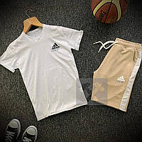 Летний мужской комплект шорты и футболка Adidas (яркий спортивный костюм белый с бежевым 90% хлопок) S