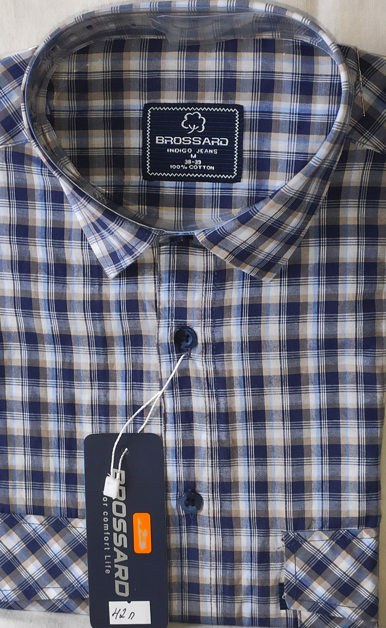 Теніска чоловіча Brossard vk-0042 синя в клітку класична бавовна з коротким рукавом