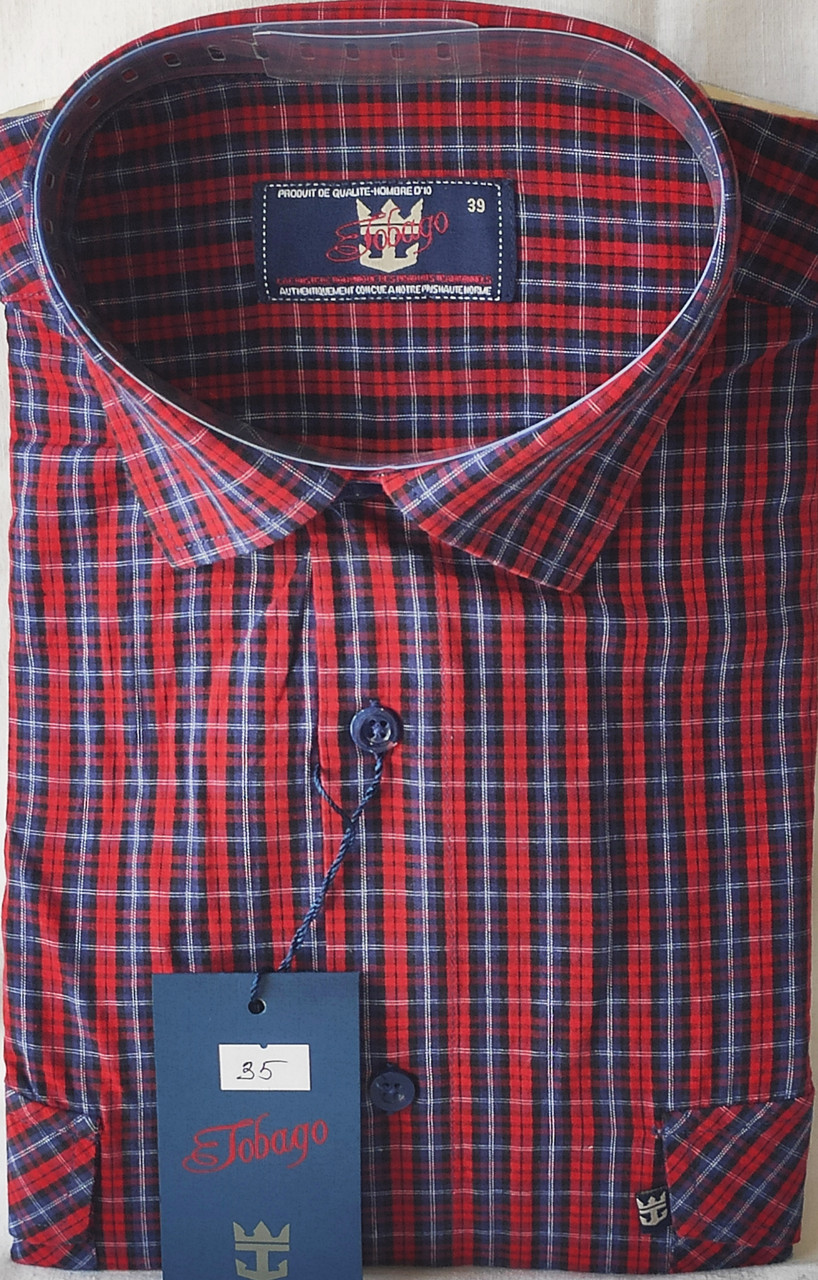 Сорочка чоловіча Jobago vk-0035 бордова в клітку класична бавовна з коротким рукавом