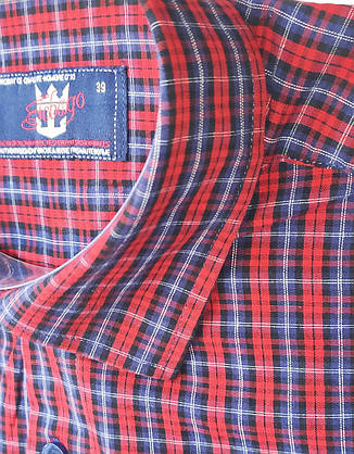 Сорочка чоловіча Jobago vk-0035 бордова в клітку класична бавовна з коротким рукавом, фото 3