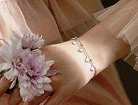 Браслет две цепочки с нежно-розовыми сердцами, двойной браслет на руку, серебряное покрытие 925 пробы, 15+5 см