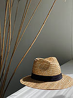 Соломенная шляпа федора женская стильная ковбойка летняя с цепью бежевого цвета