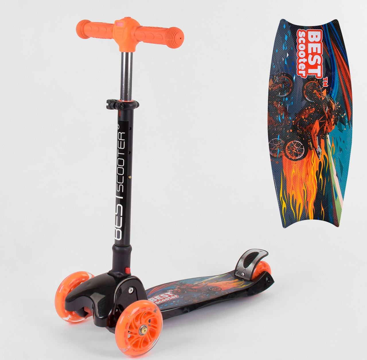 Триколісний самокат Best Scooter MINI чорний зі складаним кермом з фарою і PU-колесами зі світлом
