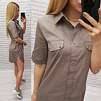Арт 827 Женское платье-рубашка в горошек, мокко/ серо-бежевого/ бежевого/ коричневого цвета/ кофе с молоком