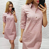 Арт831 Стильне плаття-сорочка з кишенями в дрібний горошок, пудра/ блідо-рожевого/ рожевого кольору