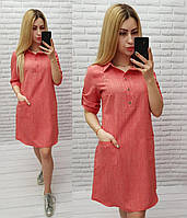 Арт831 Бавовняне плаття-сорочка з кишенями однотон, корал/ червоного/ коралового кольору