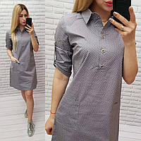 Арт831 Модное платье-рубашка с карманами в мелкий горошек, серое/ серого цвета/ светло-серое
