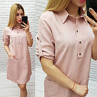 Арт831 Хлопковое платье-рубашка с карманами однотон, бледно-розовое/ пудра/ розовое