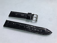 Шкіряний ремінець для наручних годинників 20 мм лакований чорний, текстура крокодила, з тисненням, прошитий