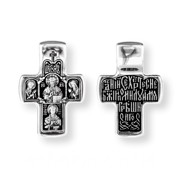 Хрест срібний Господь Вседержитель. Деісус. Вмч. Пантелеїмон Цілитель, фото 1