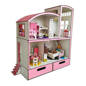 Великий дерев'яний будиночок для Барбі з меблями, текстилем ящиками для іграшок
